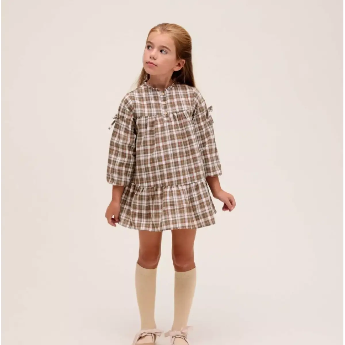 Ver Vestido de niña de cuadros marrón y verde