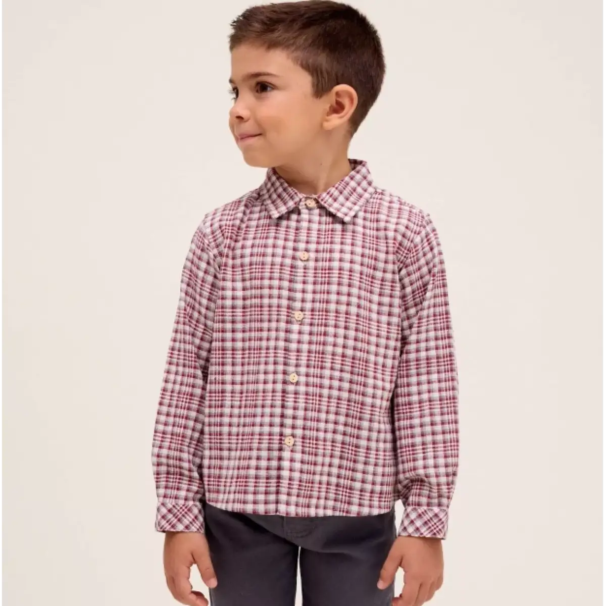 Ver Camisa niño cuadros burdeos y crudo