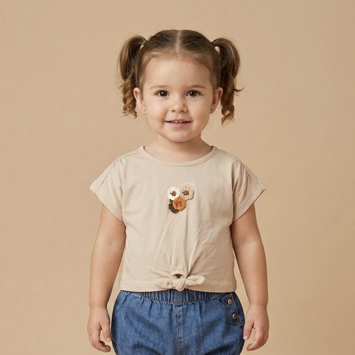 Ver Camiseta bebé niña flor crochet blanco/camel