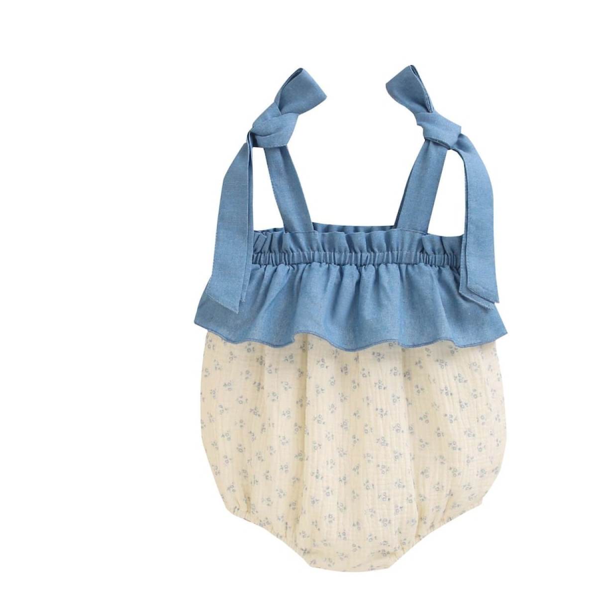 Ver Ranita bebé bebé niña flores azul tejano lazada