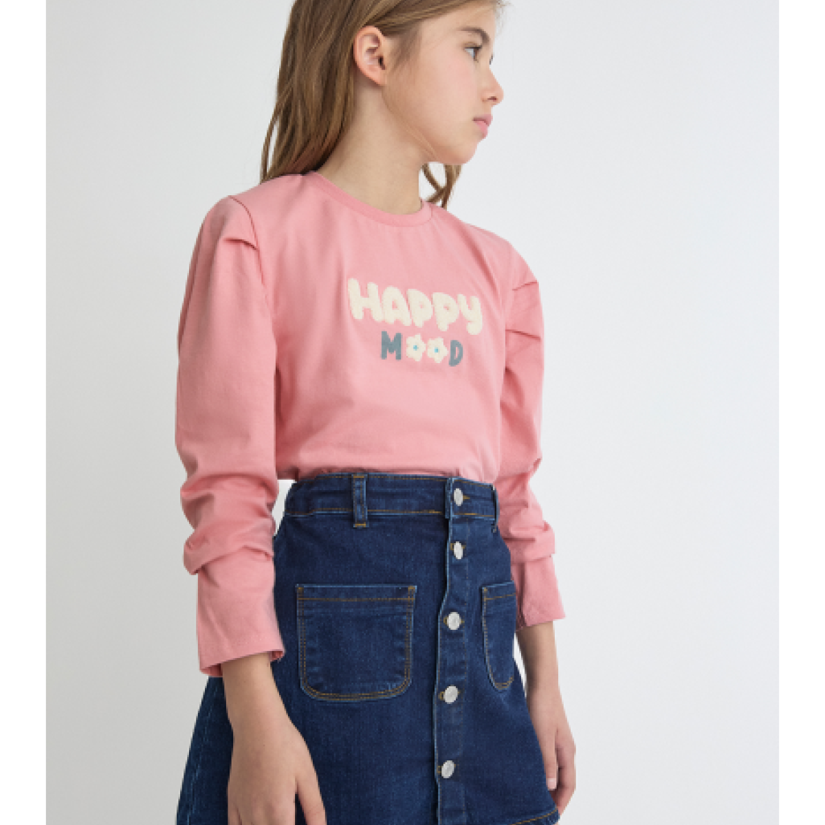 Ver Camiseta niña mangas frunce happy rosa